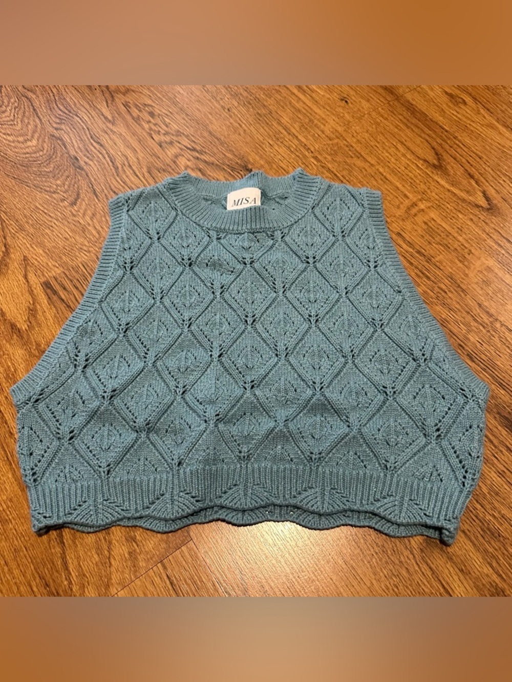 MISA Los Angeles Sleeveless Knit Diamond Pattern Cropped Sweater Vest Teal Large